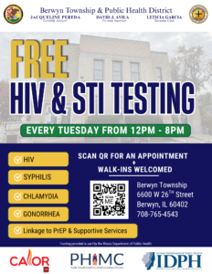 Free HIV & STI testing every Tuesday 12-8 PM at Berwyn Township Public Health District.