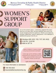 Women's Support Group flyer with dates, times, and location for Berwyn Township.