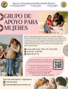 Berwyn Township women's support group flyer with hugging women and event details