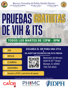 Free HIV & STI testing at Berwyn Township Public Health District, Tuesdays 12PM-8PM.