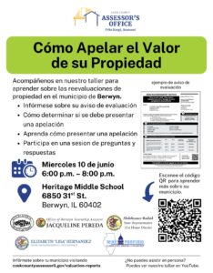 Flyer: Cómo Apelar el Valor de su Propiedad, Berwyn, IL property assessment appeal workshop.