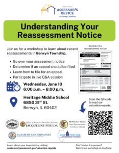 Flyer for Understanding Your Reassessment Notice workshop in Berwyn, IL.
