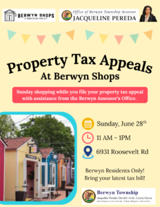 Property tax appeal event at Berwyn Shops, colorful booths on June 28th