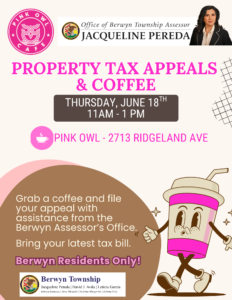 Pink Owl Property Tax Appeals & Coffee event flyer with Jacqueline Pereda