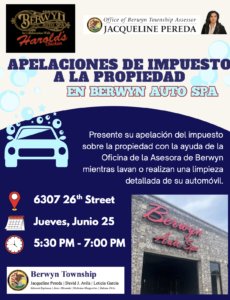 Property tax appeal event flyer with Berwyn Auto Spa details and address