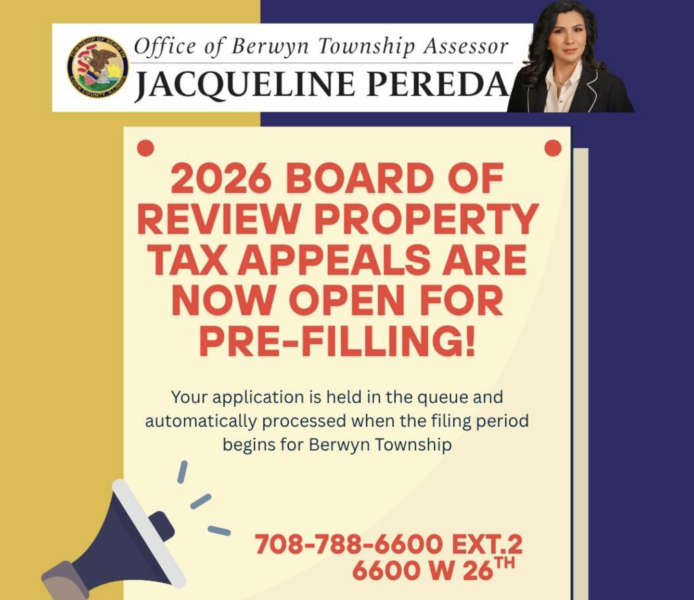 Berwyn Township Assessor Jacqueline Pereda announces 2026 Board of Review property tax appeals pre-filing is open.